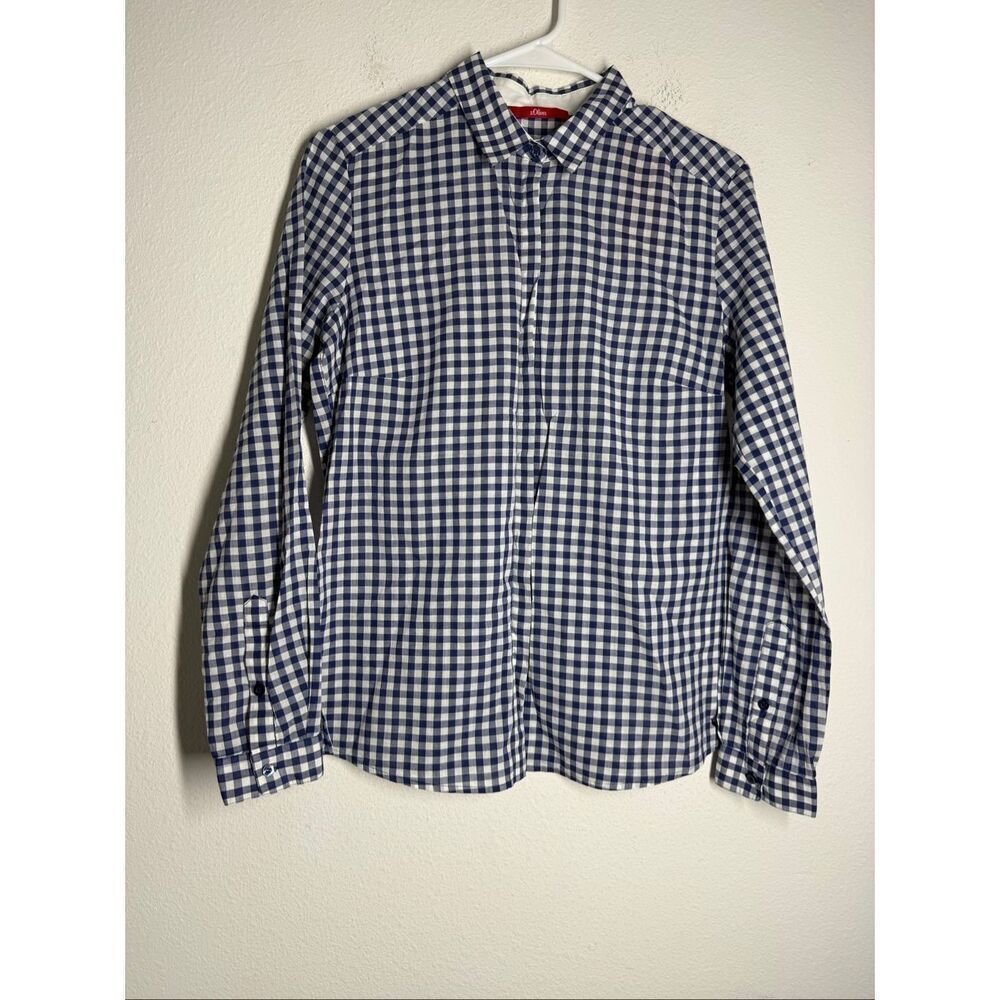 NWT S.Oliver Cotton Button Down Plaid Shirt Long Sleeve Size 8 Blue White